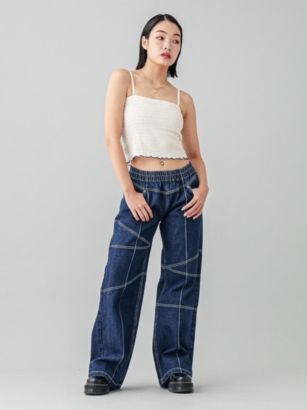 X-Girl Dark Blue Wide-Leg Patchwork Jeans with Elastic Waistband M
